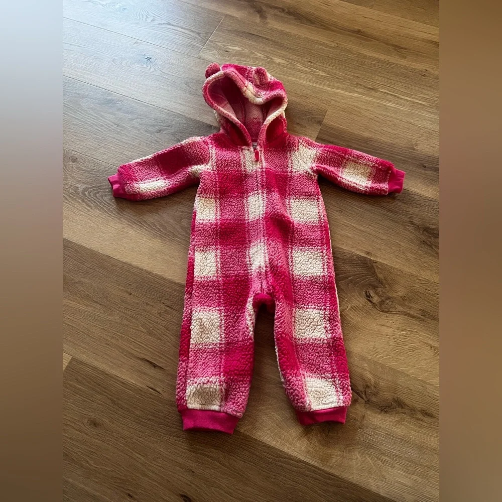 Carter's Pink and White Checkered Jumpsuit with Hood- 12 months
